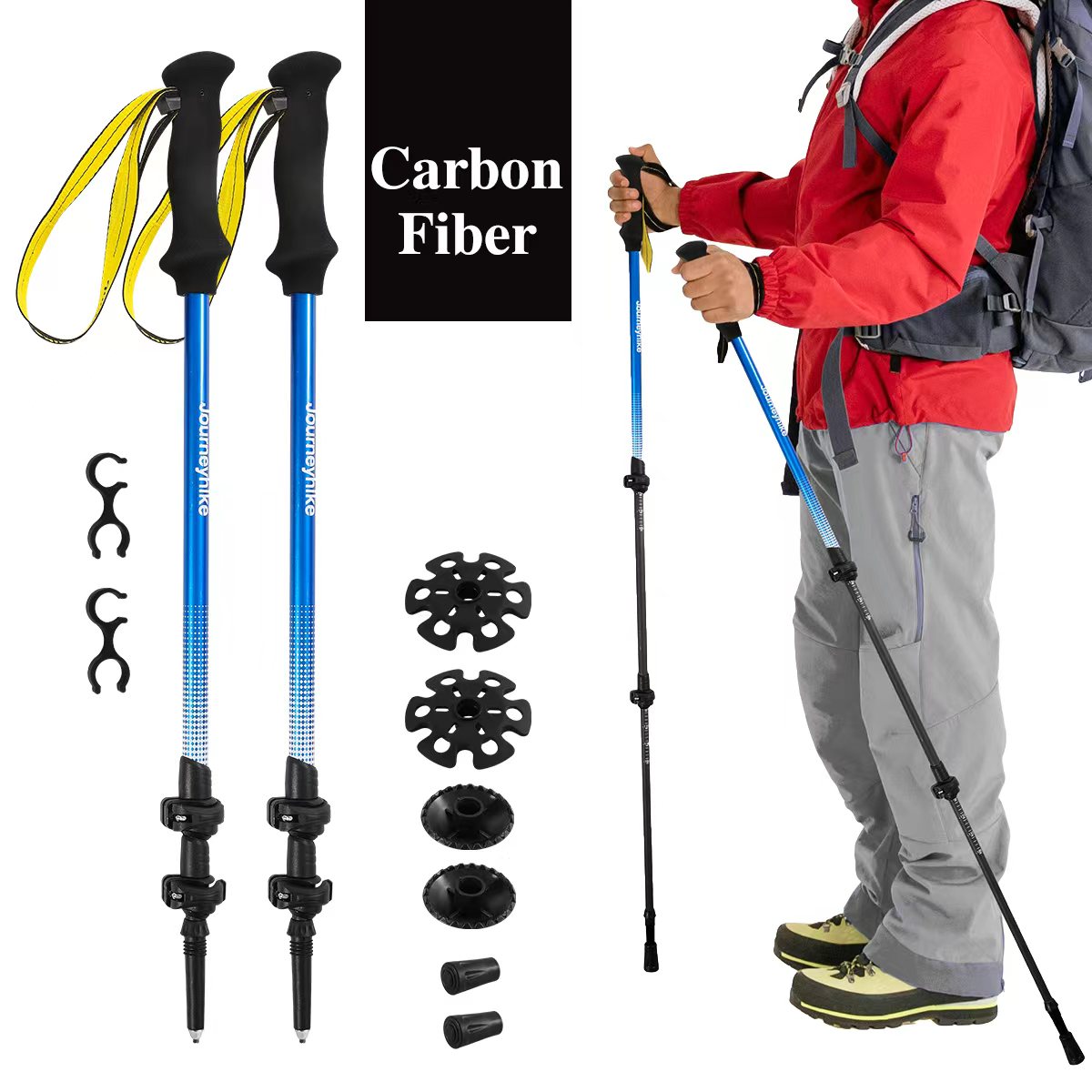 Trekking Pole Carbon - Gelber 3K-Kohlefaser-Trekkingstock, dreiteiliger Teleskop-Wanderstock, Doppelpack Kohlefaser-Nordic-Walkingstock